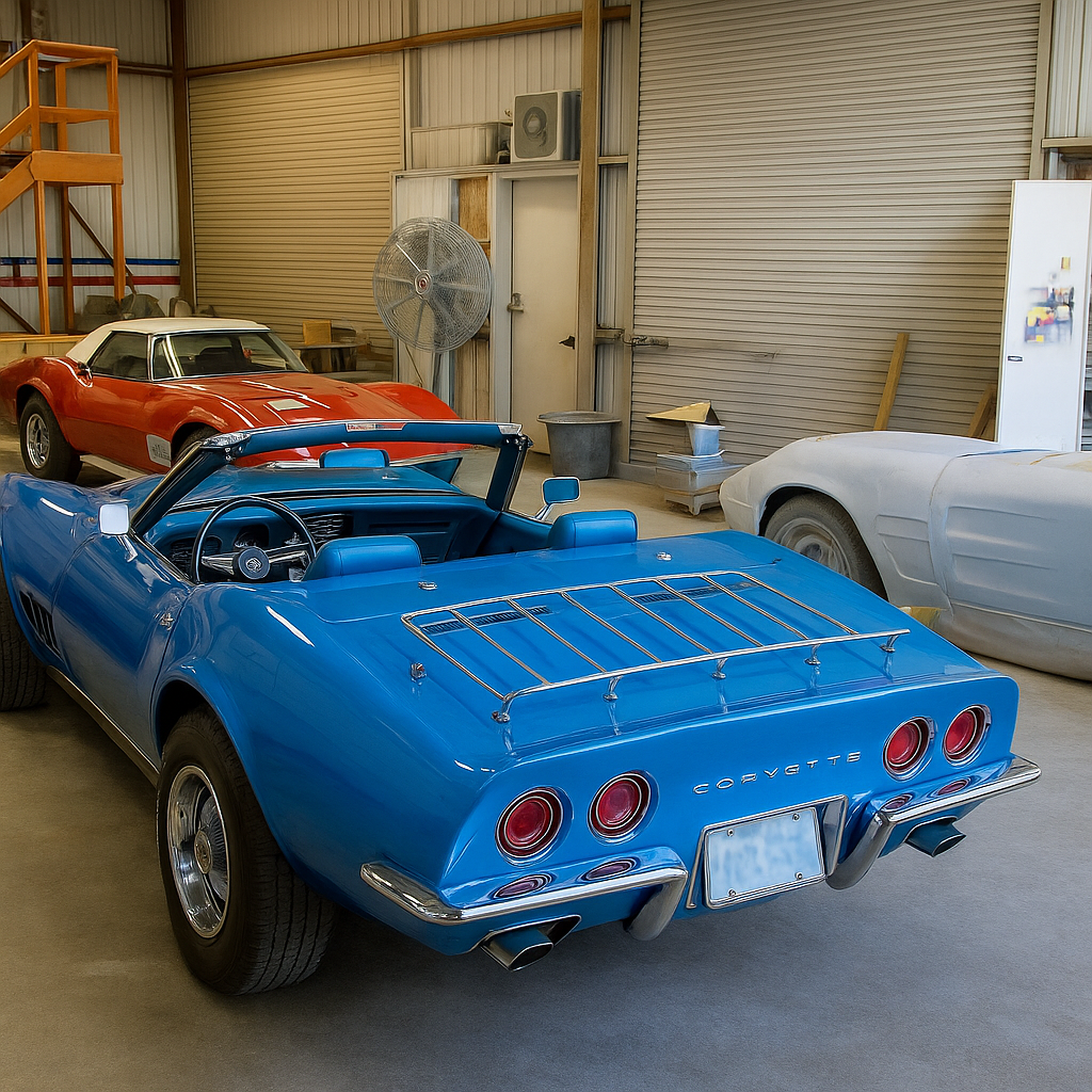Classic cars in auto body shop